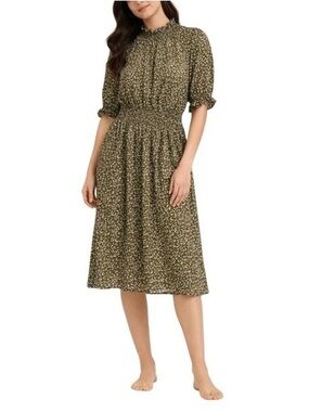 Smocked Midi Dress in Olive Green with Ruffle Neck